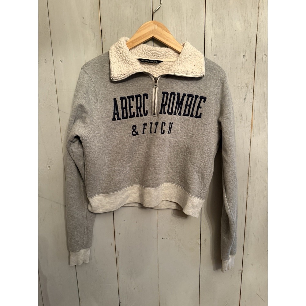 Abercrombie & Fitch Soft Logo Sherpa Collar Half Zip Crop Pullover Grey Sz-S